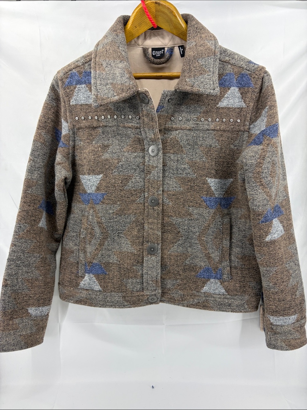 Cruel Girl Denim Taupe Aztec Southwest Western Trucker Short Jacket, Womens M
